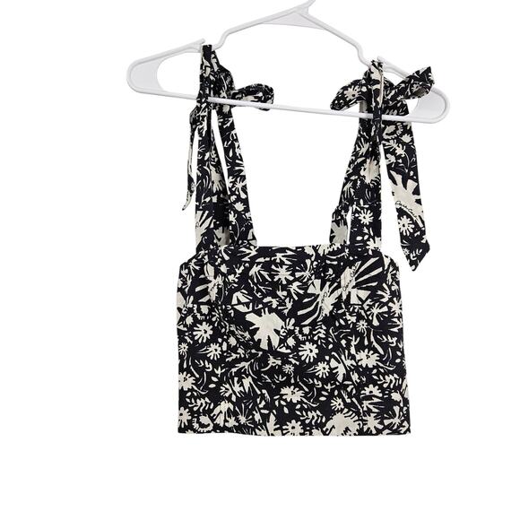 Cara Cara Helena Tank Top Black White Floral Tie Straps Smocked Back Crop Sz XS - Picture 2 of 7